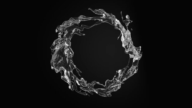 Realistic circular water splash forming a transparent rotating ring in slow motion on black background, pure dynamic fluid motion. 3d loop animation 4k
