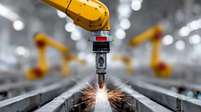 Industrial robotic arm performing precision cutting on metal surface, generating sparks in a modern manufacturing facility, showcasing advanced technology and automation in action