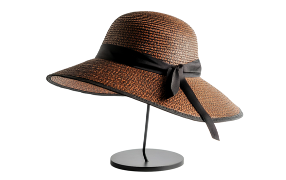 Stylish wide brim hat presented on clean stand representing luxury design and timeless sophistication isolated on transparent background PNG