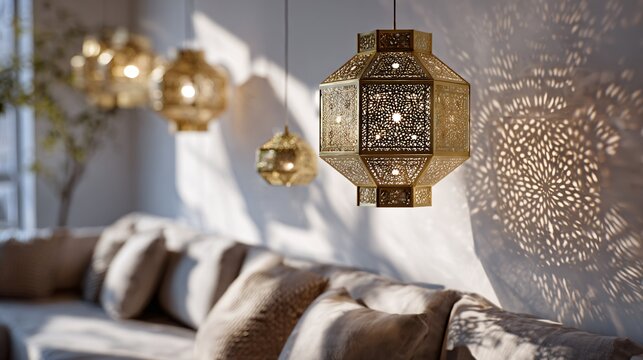 Scandinavian living space with Moroccan brass lanterns casting geometric shadows, neutral palette, calm mood