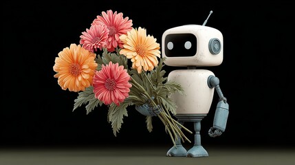Friendly robot character holding a vibrant bouquet of colorful flowers, showcasing a blend of technology and nature, symbolizing harmony between artificial intelligence and the natural world