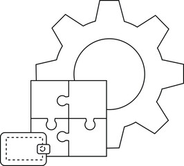 A gear overlaps puzzle pieces next to a walletlike object