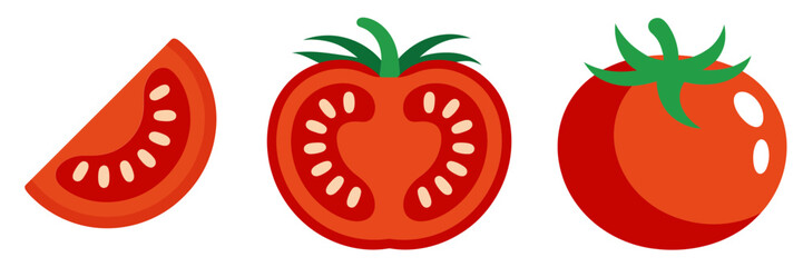 Tomato set, red slice wedge, cross section seeds, shiny whole fruit, garden crop illustration, kitchen ingredient vector