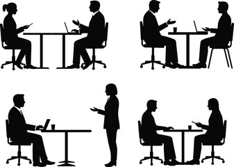 Business silhouettes, professional meeting, office teamwork, corporate discussion, workplace interview, seated communication, vector sketch, career design, dialogue concept, formal interaction