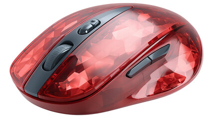 Wireless red mouse displayed on a plain white surface