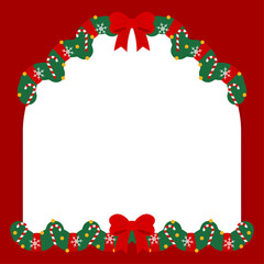 Christmas border design with a curved and straight. Decorated with a center red bow, yellow ornaments, candy canes, snowflakes and a red ribbon for a festive holiday frame.