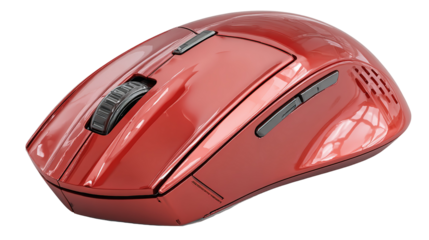 Wireless red mouse displayed on a plain white surface