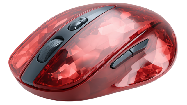 Wireless red mouse displayed on a plain white surface