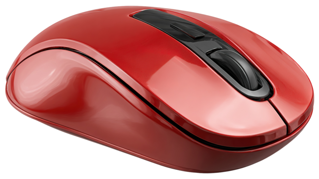 Wireless red mouse displayed on a plain white surface