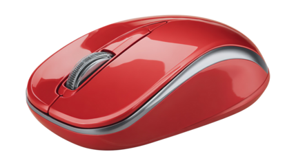 Wireless red mouse displayed on a plain white surface