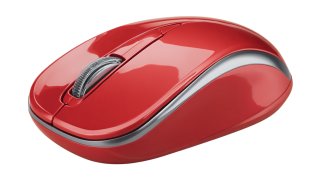 Wireless red mouse displayed on a plain white surface