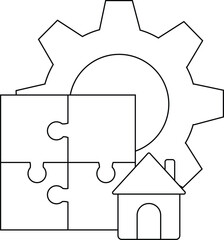 Line art depicts a gear jigsaw puzzle and house symbol arranged to represent systems or home automation