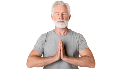 A serene senior man practicing mindfulness outdoors, surrounded by nature and soft light, representing mental wellness, gratitude, and healthy aging — ideal for health, psychology, and lifestyle conte