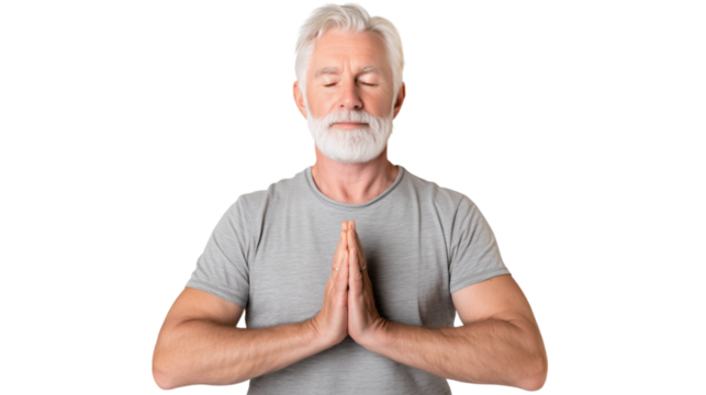 A serene senior man practicing mindfulness outdoors, surrounded by nature and soft light, representing mental wellness, gratitude, and healthy aging — ideal for health, psychology, and lifestyle conte