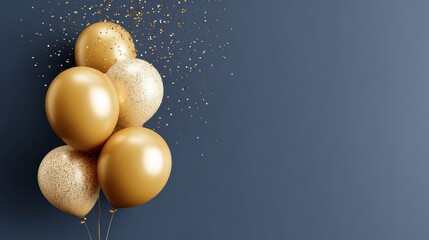 Golden balloons with glittering confetti against a deep blue background, creating a festive atmosphere, perfect for celebrations, parties, or special events, adding elegance and joy to any occasion