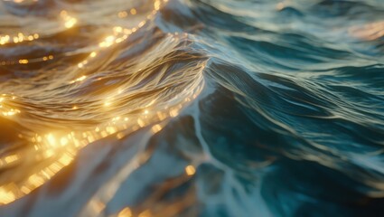 Close-up of shimmering golden and blue waves, resembling liquid light or reflective metal surface in motion. Generative AI.