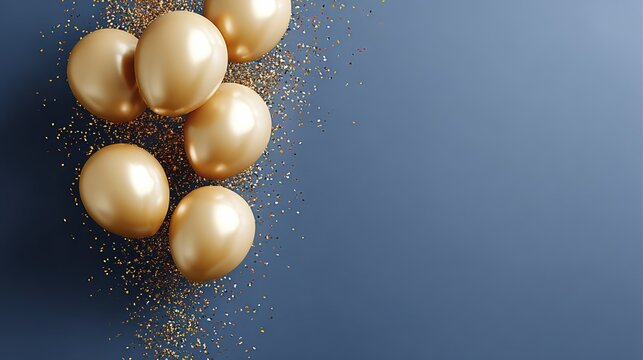 Golden balloons scattered with colorful confetti on a blue background, creating a festive atmosphere, ideal for celebration themes, party decorations, or event planning inspiration and design mockups