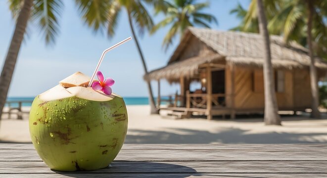 A refreshing coconut drink with a straw and pink flower sits on a wooden table with a tropical beach hut in the background on a sunny day