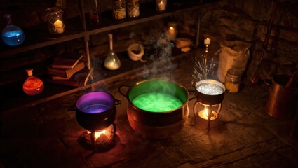 Dark potion lab with glowing cauldrons of green and purple light, mystical bottles and magical ingredients around. Generative AI.