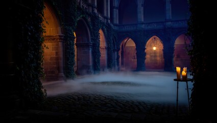 Mysterious old castle hallway dimly lit with lanterns and fog, creating cinematic gothic fantasy mood. Generative AI.