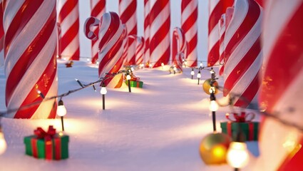 Playful Christmas scene with candy canes, snow, and small gift boxes creating a joyful festive mood. Generative AI.