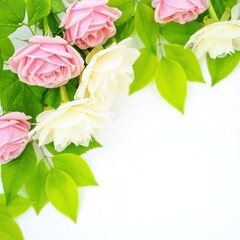 Delicate pink and white roses with green leaves, close-up floral background in soft natural lighting, fresh spring mood. Generative AI.