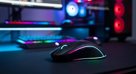 Gaming mouse with vibrant rgb lighting on a desk, surrounded by a gaming keyboard and computer setup, creating an immersive experience