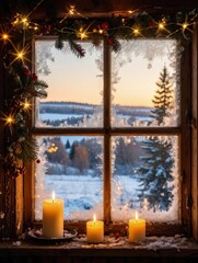 Frosty winter landscape seen through a window decorated with candles and garland lights, evoking cozy holiday nostalgia and warmth indoors. Generative AI.