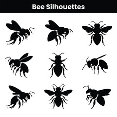 Detailed bee silhouette collection featuring honey bees, bumblebees, and wasps in various flying and resting poses isolated on white background for nature, insect, and wildlife