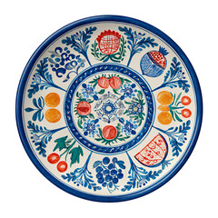 Hand painted ceramic plate isolated on transparent background, featuring a colorful fruit and floral design