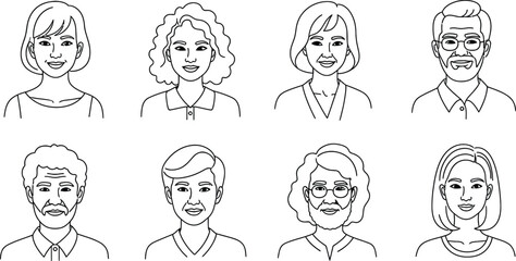 Collection of diverse hand drawn line art portraits of men and women expressing various emotions