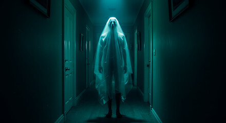 Ghostly Figure in Dark Hallway at Night