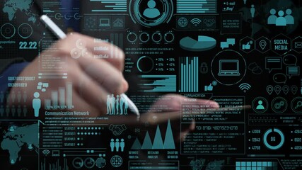 A professional hand interacts with a digital tablet displaying various data and communication graphics, illustrating modern business technology and analytics concepts. Cipher - Powered by Adobe