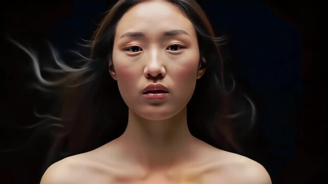 A portrait of a woman with loose hair bare shoulders and a dark background