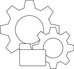 Two gears interlock near a folder icon all rendered in a stark blackandwhite outline