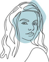 Woman face with flowing hair and blue shape portrait