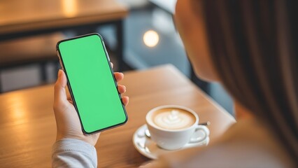mobile phone mockup green screen cafe