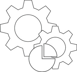 Two meshed gears alongside a pie chart all in black outline on a white background
