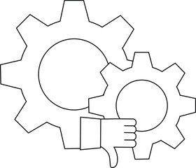 Two interlocking gears with a thumbsdown hand gesture visible in the foreground