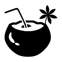 Black silhouette of a coconut drink with a straw and flower