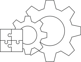 Two meshing gears are next to a completed fourpiece jigsaw puzzle