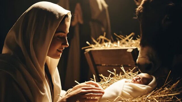 Woman mother Mary praying, then reaching, and eventually smiling at baby Jesus in a manger in a stable footage.