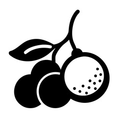 A black silhouette icon of a cluster of cherries with leaves and a sliced cherry, isolated on a, symbolizing sweetness and summer