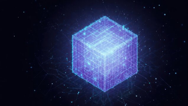 Abstract glowing blue cube floating in space with digital lines.