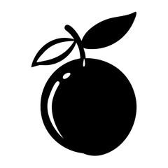 A stylized black silhouette of an orange with two leaves and a stem, isolated on a, representing a simple and clean icon for fruit or healthy eating