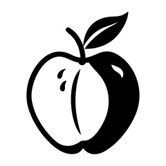 A minimalist black and white icon representing a whole apple with a leaf and stem, and a halved apple revealing its core and seeds, isolated on a