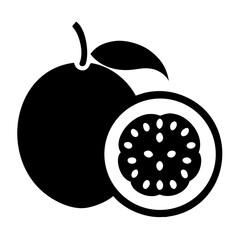 Black icon of a passion fruit, whole and halved