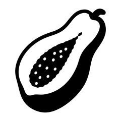 A black silhouette of a papaya cut in half, revealing its seeds, isolated on a, perfect for representing tropical fruits and healthy food options