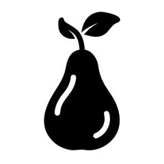 Black silhouette of a pear with two leaves and a stem, , representing fruit and healthy eating