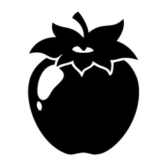 Black silhouette of a tomato with leaves and a stem, , representing a vegetable and healthy eating